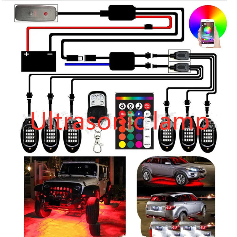 10-pod RGB rock light kit in black, with APP and remote control, IP68 waterproof, installed under a truck showing color options