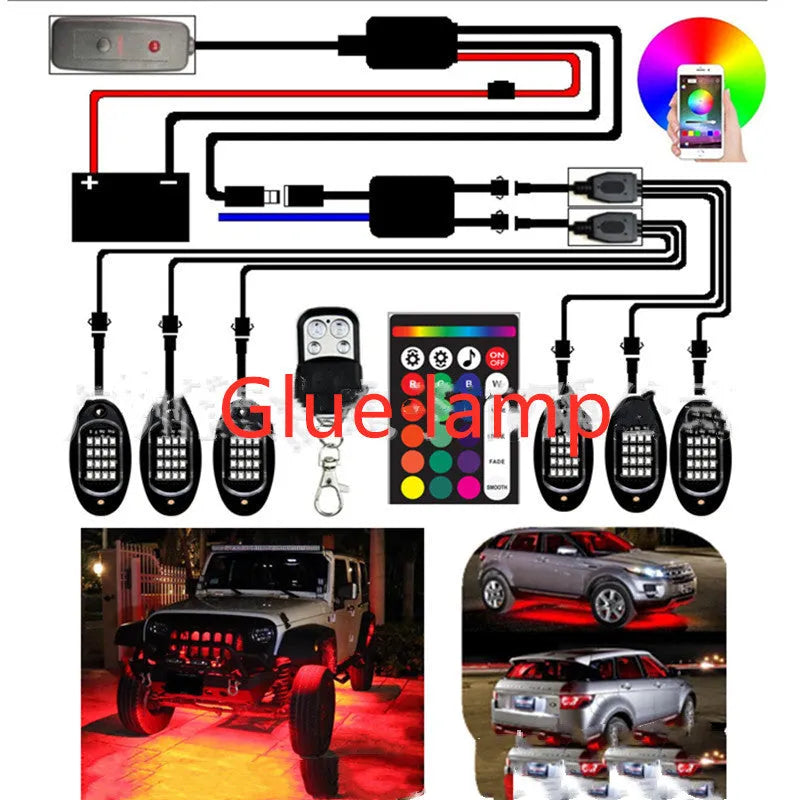 10-pod RGB rock light kit in black, with APP and remote control, IP68 waterproof, installed under a truck showing color options