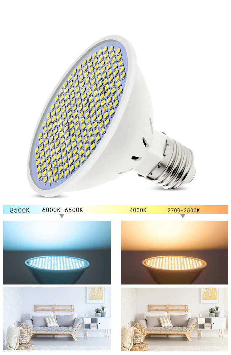 E27 LED lamp cup bulb showing warm white and cool white light options with SMD beads visible.