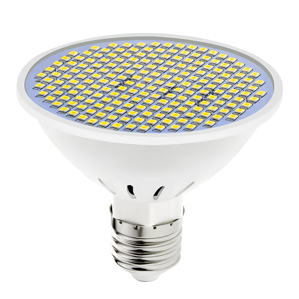 E27 LED lamp cup bulb showing warm white and cool white light options with SMD beads visible.