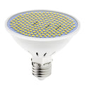 E27 LED lamp cup bulb showing warm white and cool white light options with SMD beads visible.