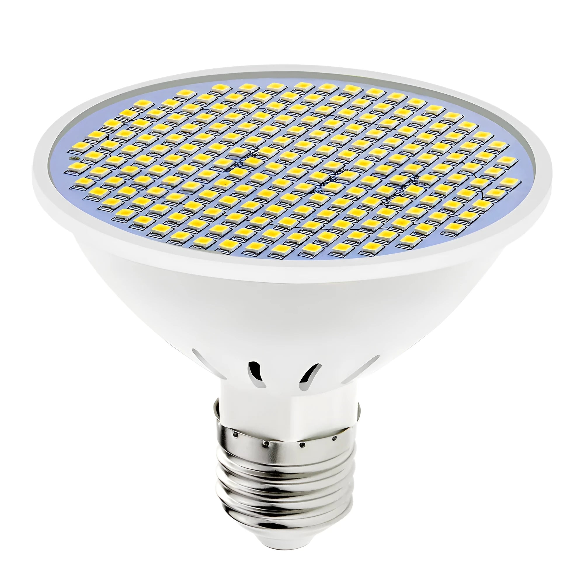 E27 LED lamp cup bulb showing warm white and cool white light options with SMD beads visible.