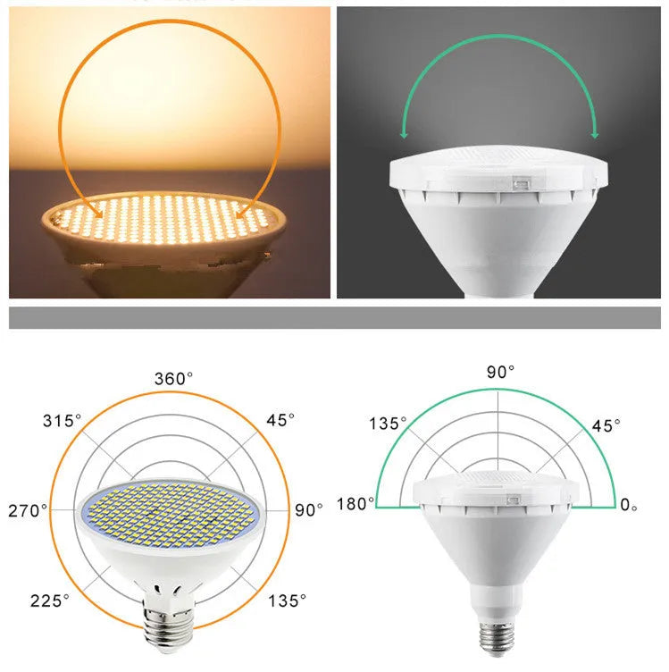 E27 LED lamp cup bulb showing warm white and cool white light options with SMD beads visible.