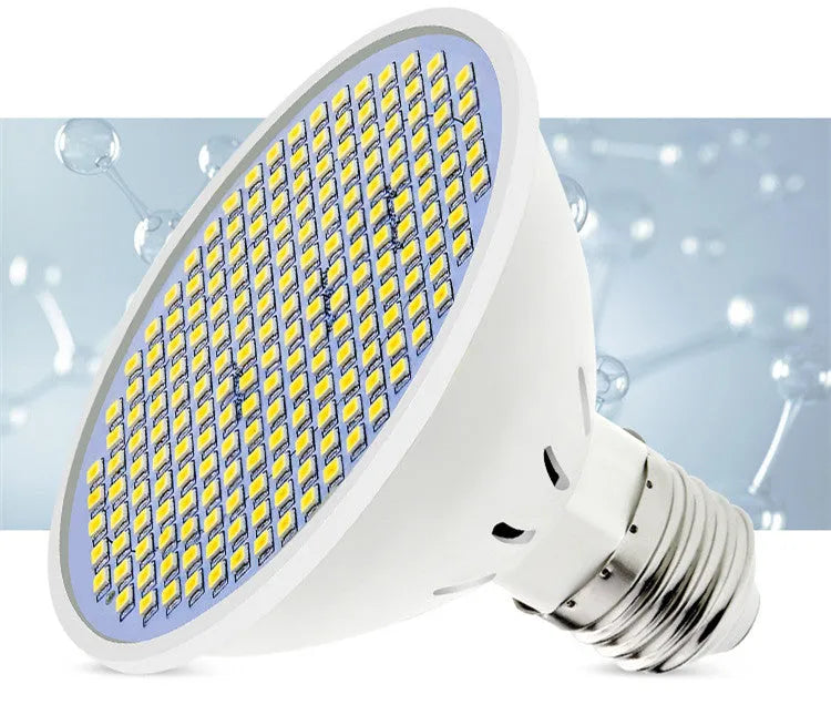 E27 LED lamp cup bulb showing warm white and cool white light options with SMD beads visible.