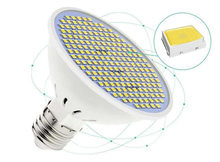 E27 LED lamp cup bulb showing warm white and cool white light options with SMD beads visible.