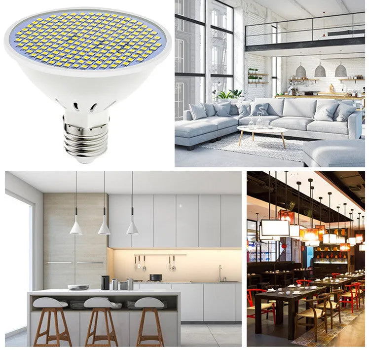 E27 LED lamp cup bulb showing warm white and cool white light options with SMD beads visible.