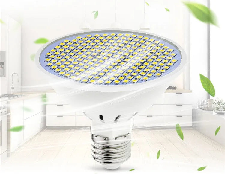 E27 LED lamp cup bulb showing warm white and cool white light options with SMD beads visible.