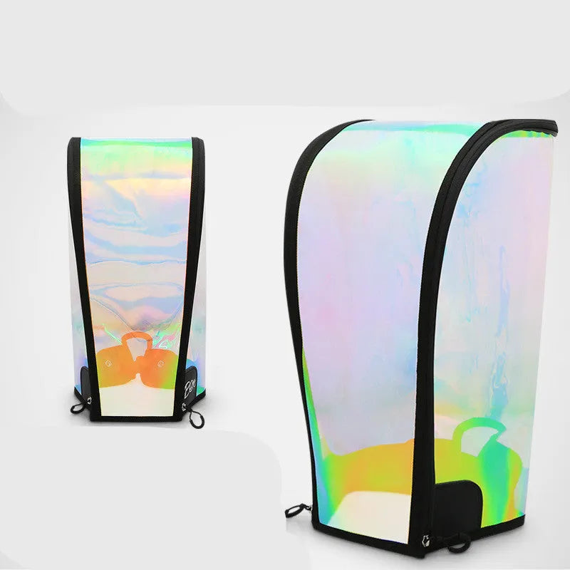 Transparent colourful laser ball bag cap with adjustable buckle on a golf bag.