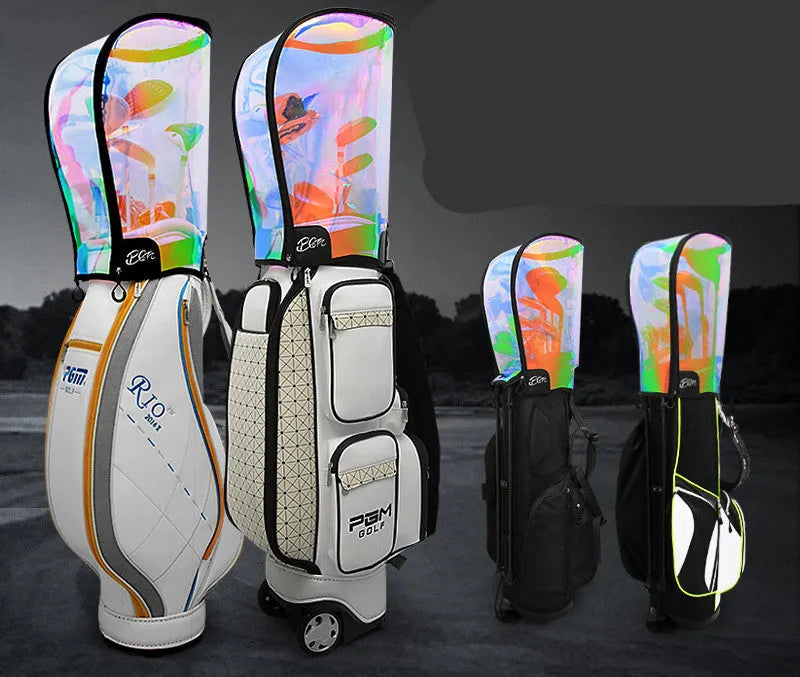 Transparent colourful laser ball bag cap with adjustable buckle on a golf bag.