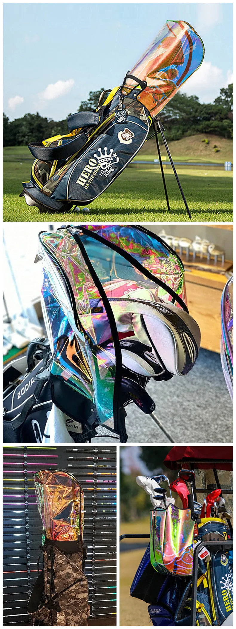 Transparent colourful laser ball bag cap with adjustable buckle on a golf bag.