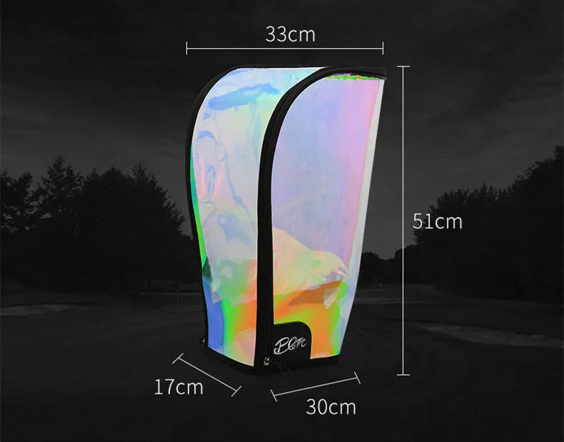 Transparent colourful laser ball bag cap with adjustable buckle on a golf bag.