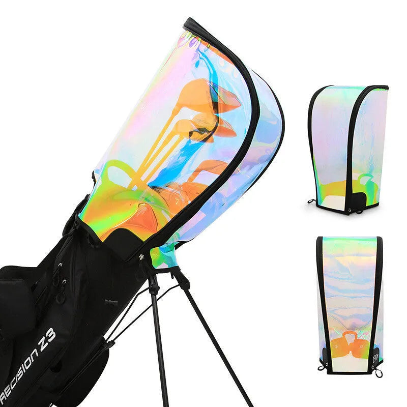 Transparent colourful laser ball bag cap with adjustable buckle on a golf bag.