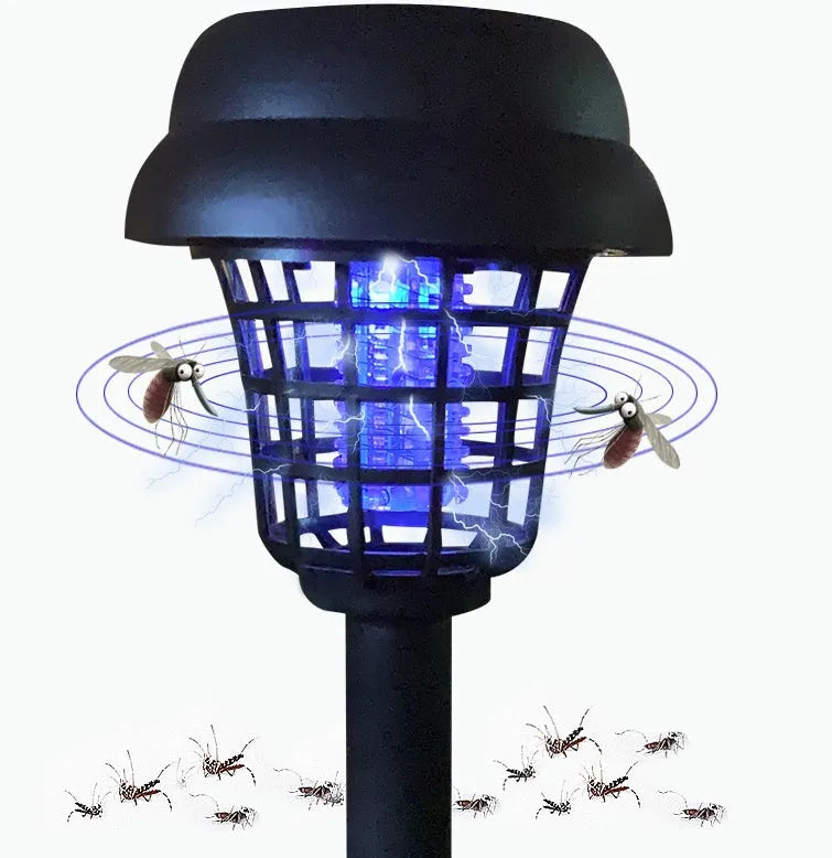 White and purple solar-powered mosquito killer lamp for outdoor garden and camping use.