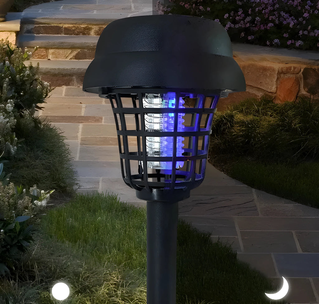 White and purple solar-powered mosquito killer lamp for outdoor garden and camping use.