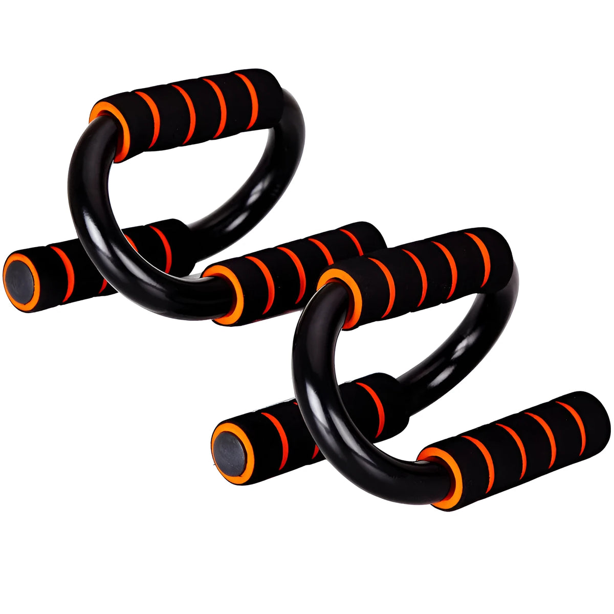 Black parallettes push up stands made of steel pipe with foam grips, 19x13x13cm, on a flat surface