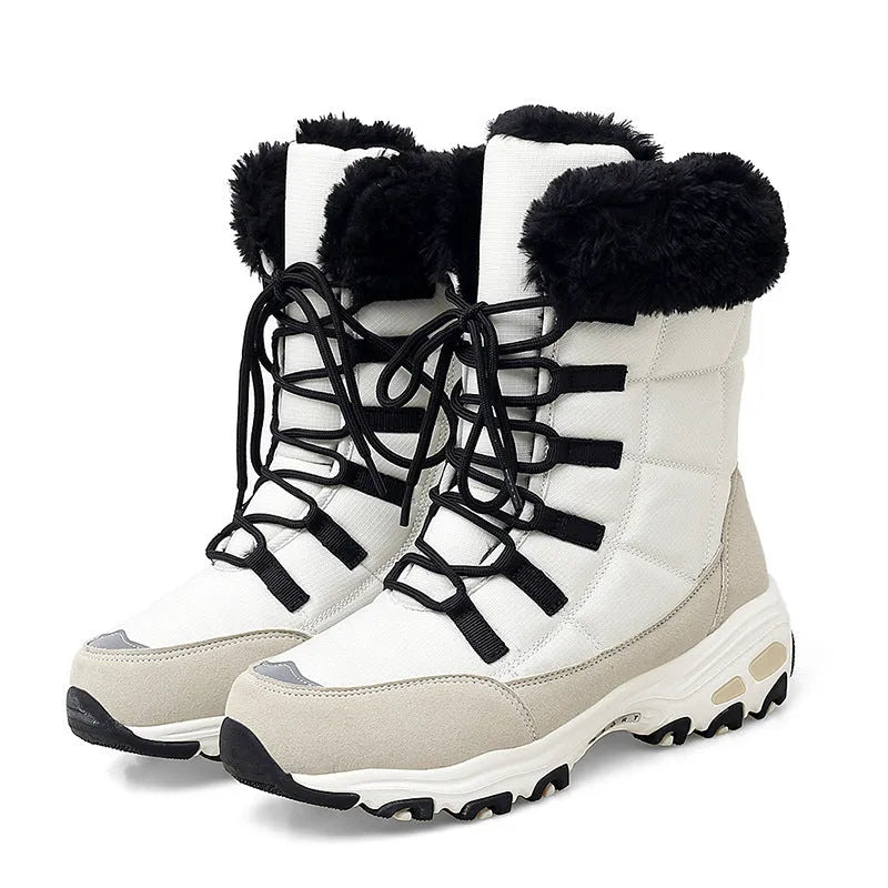 Moipheng women's winter ankle boots with round toe, thick bottom heel, and warm lining in beige colour