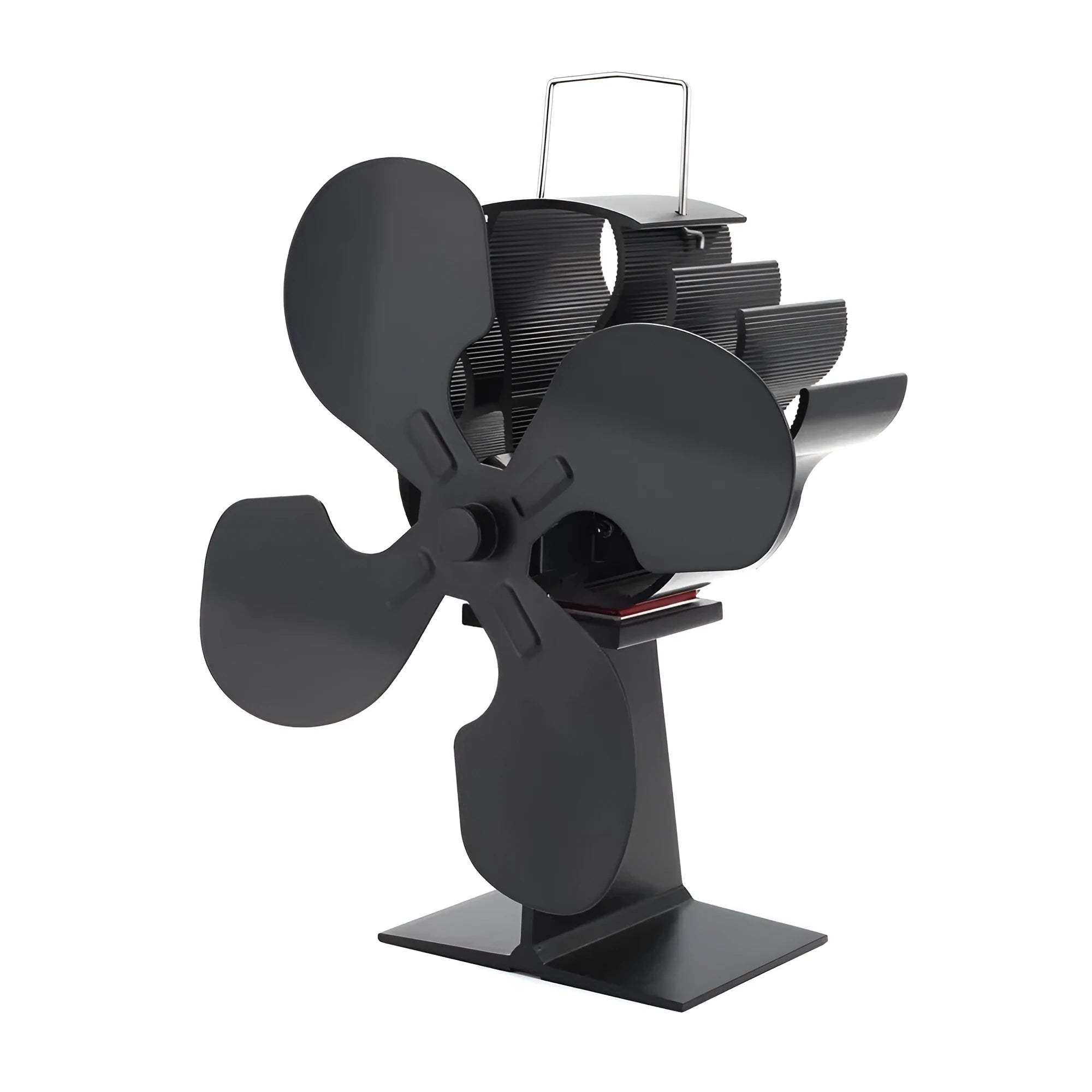 Black Yotsuba style thermodynamic fireplace fan on a fireplace, showing metal blades and compact 17x11.5x25cm size.
