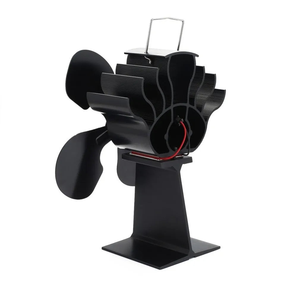 Black Yotsuba style thermodynamic fireplace fan on a fireplace, showing metal blades and compact 17x11.5x25cm size.