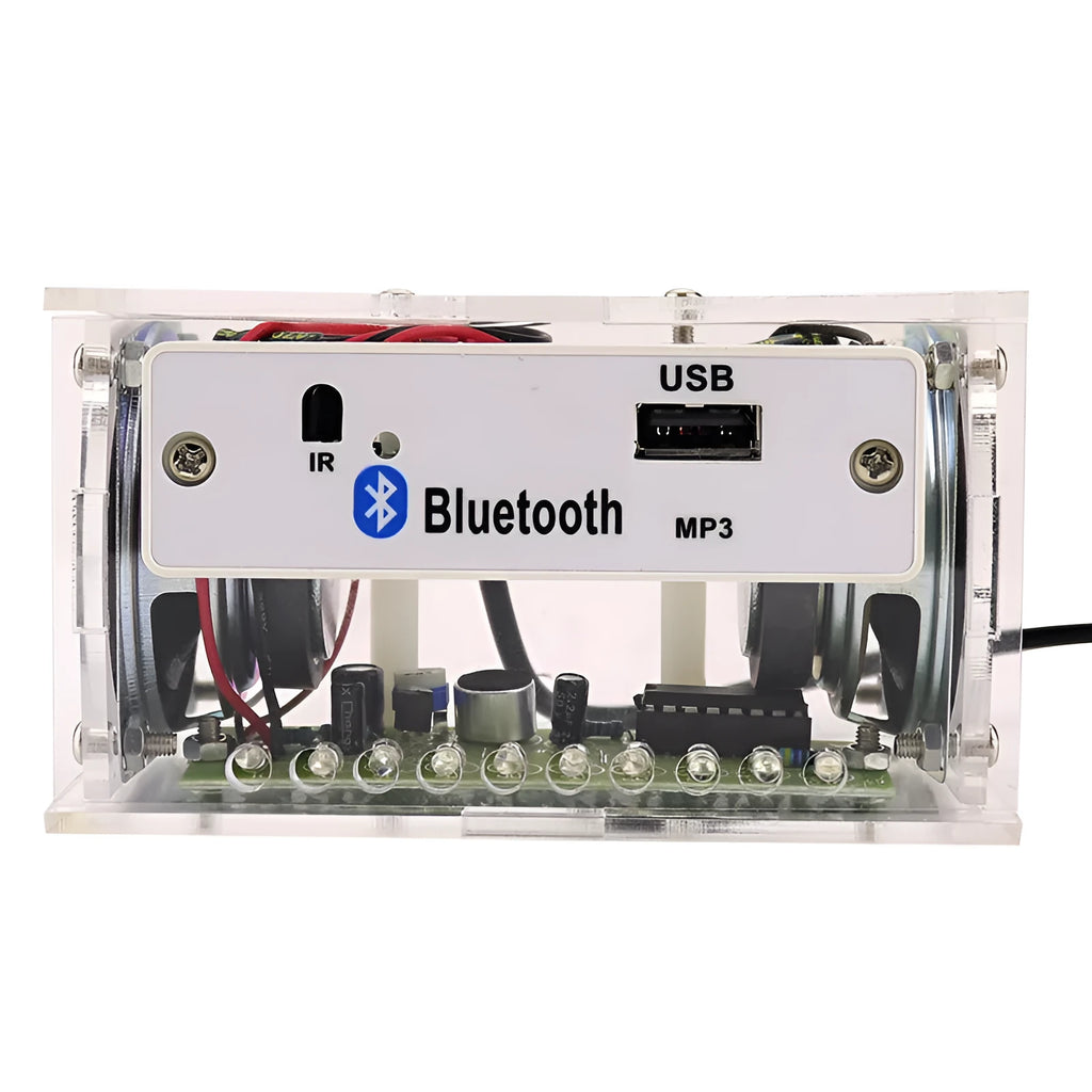 Bluetooth speaker DIY assembly kit with electronic components and transparent plastic housing