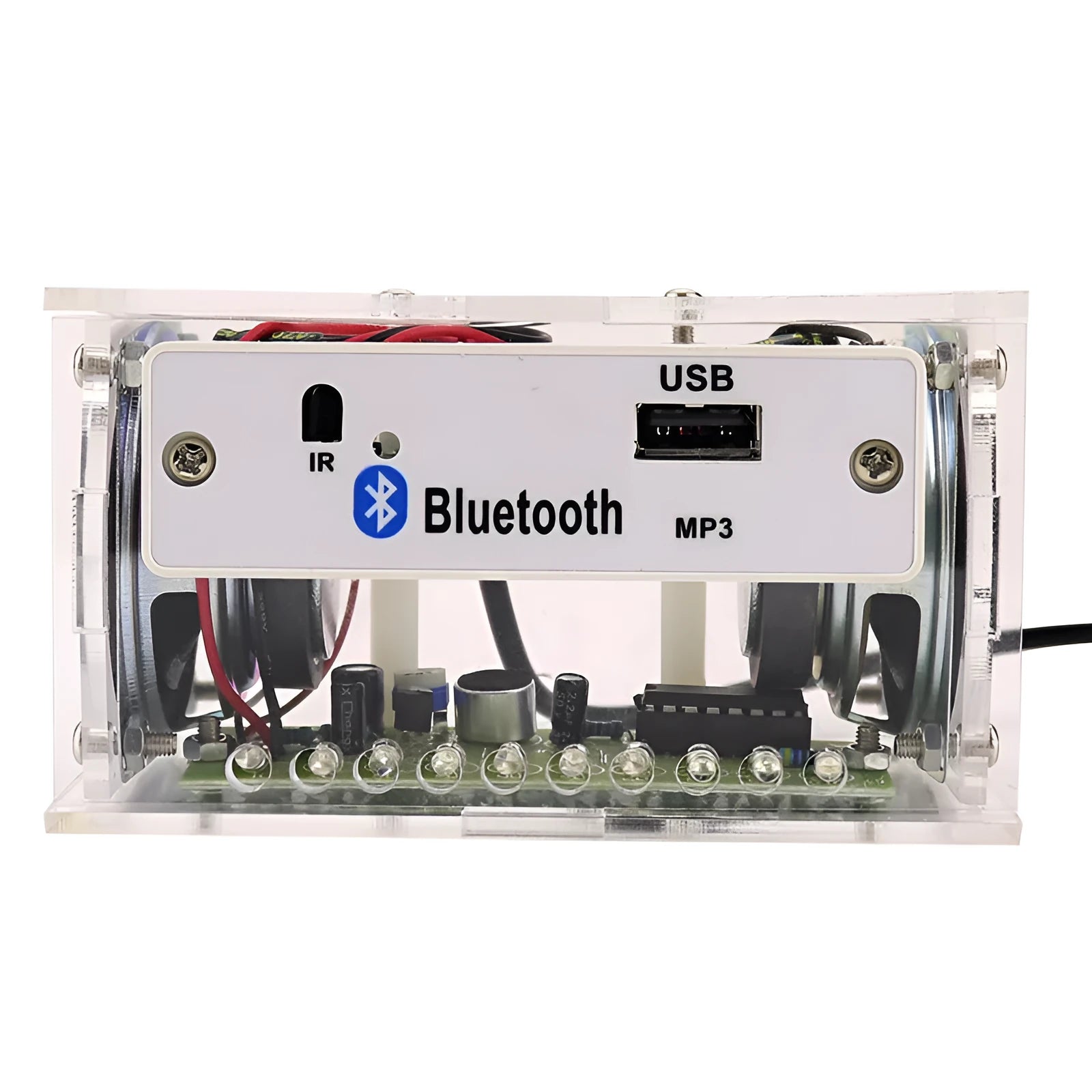 Bluetooth speaker DIY assembly kit with electronic components and transparent plastic housing