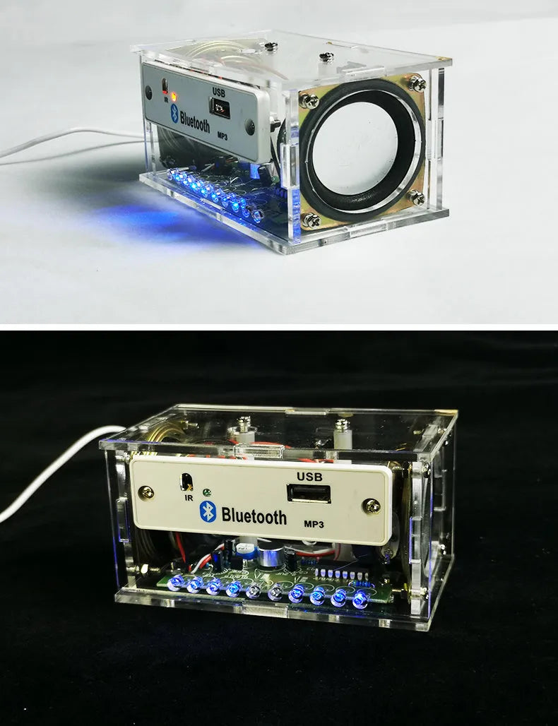 Bluetooth speaker DIY assembly kit with electronic components and transparent plastic housing