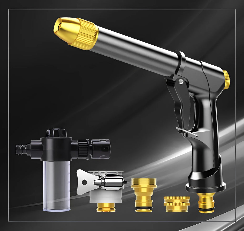 Aluminium alloy telescopic garden hose with metal water gun and optional foam spray pot.
