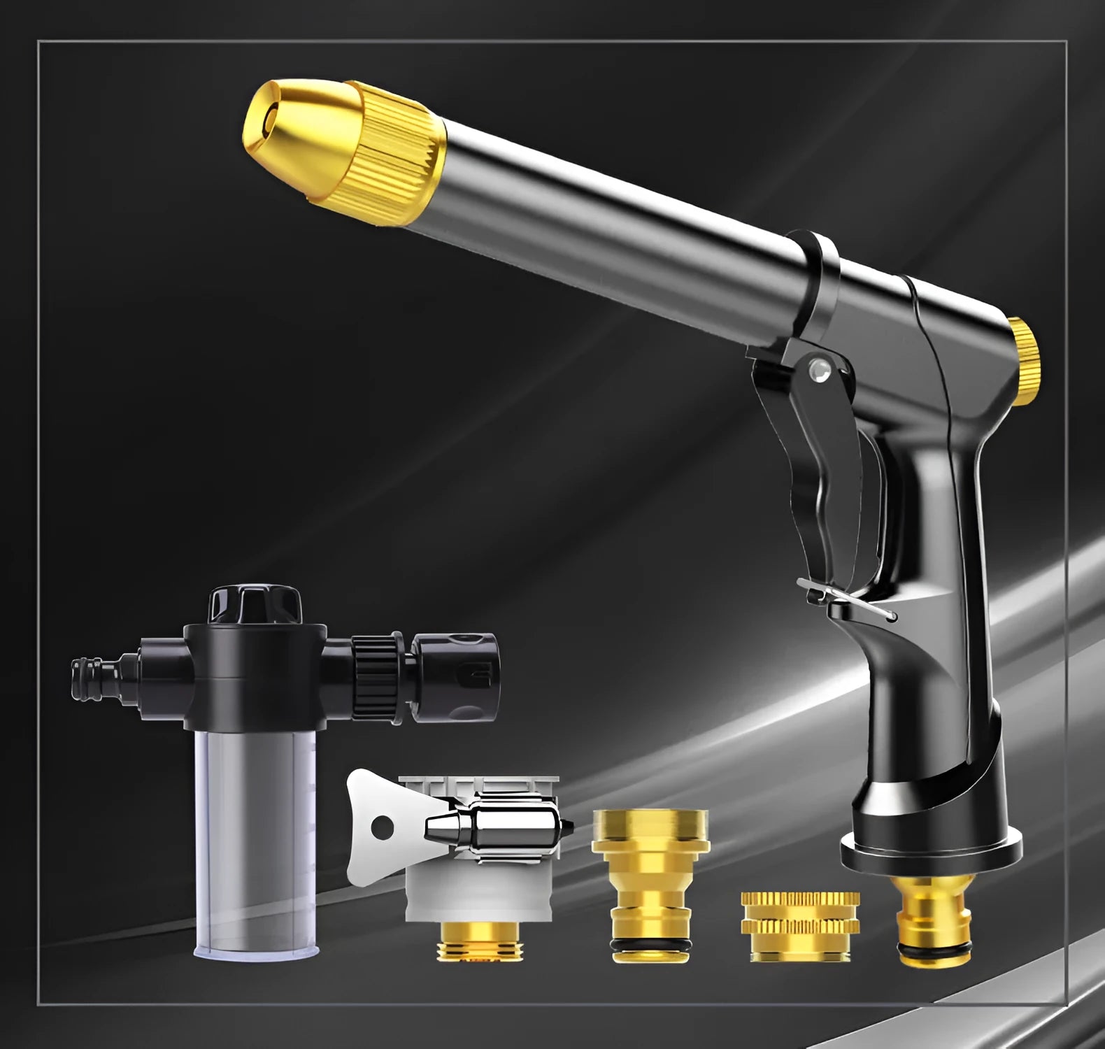 Aluminium alloy telescopic garden hose with metal water gun and optional foam spray pot.