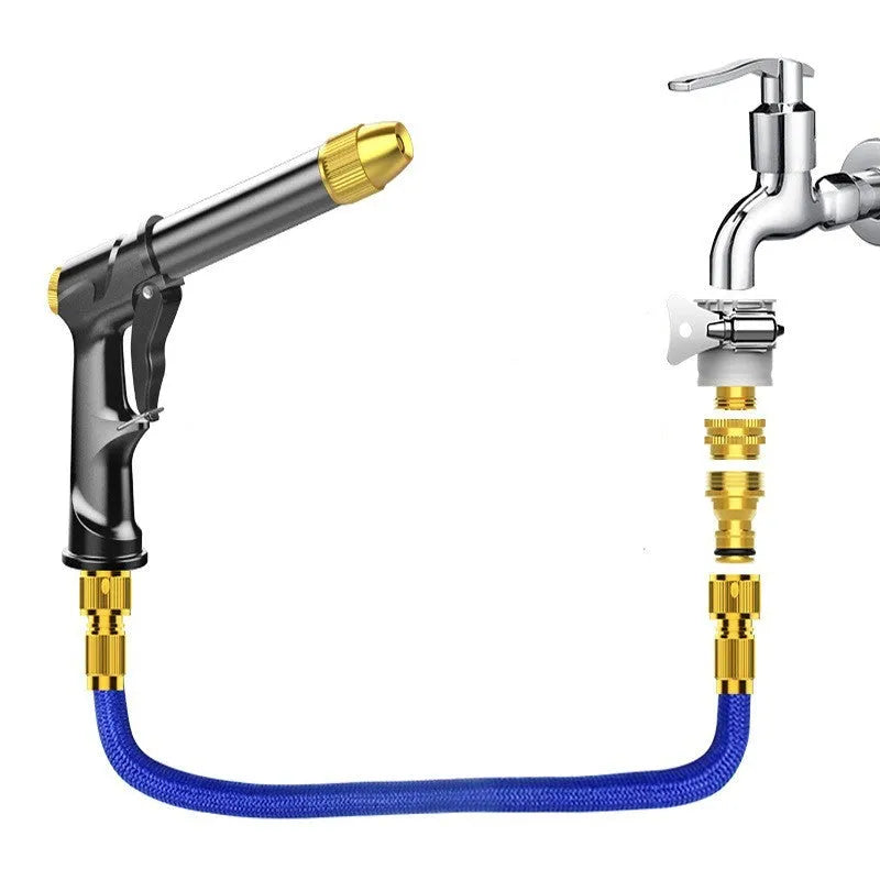 Aluminium alloy telescopic garden hose with metal water gun and optional foam spray pot.