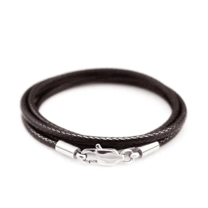 Adjustable black wax rope lanyard necklace with a gold stainless steel buckle shown at various lengths.