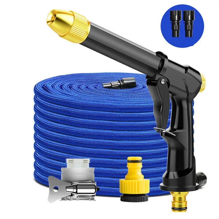 Aluminium alloy telescopic garden hose with metal water gun and optional foam spray pot.