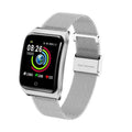 F9 smart bracelet with metal strap and large colour screen displaying health metrics.
