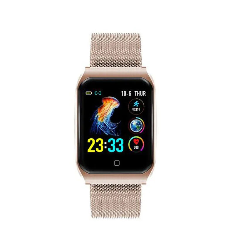 F9 smart bracelet with metal strap and large colour screen displaying health metrics.