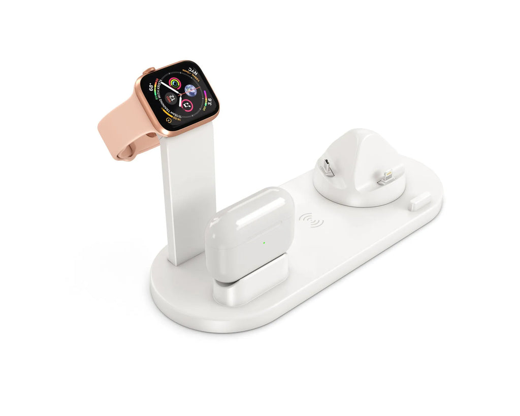 Black three-in-one charging bracket holding smartphone, watch and wireless headset with USB cable connected