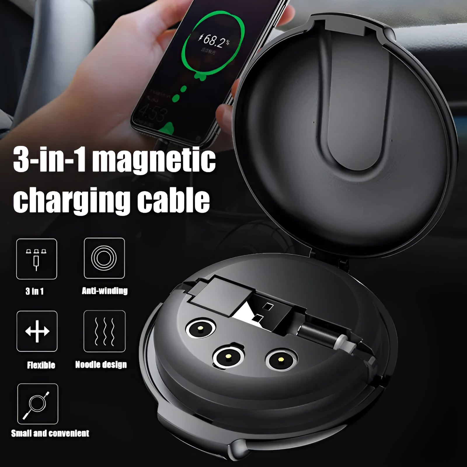 Black 3-in-1 magnetic retractable car charger with phone bracket and charging cable