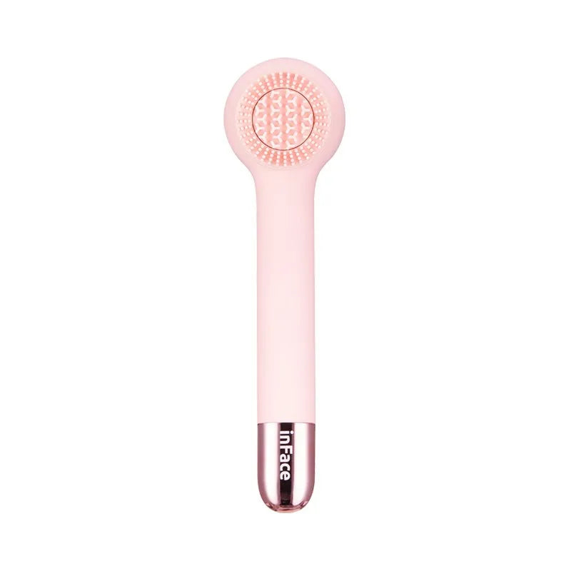 Grey and pink inFace automatic electric shower brush with four rotating brush heads on display.