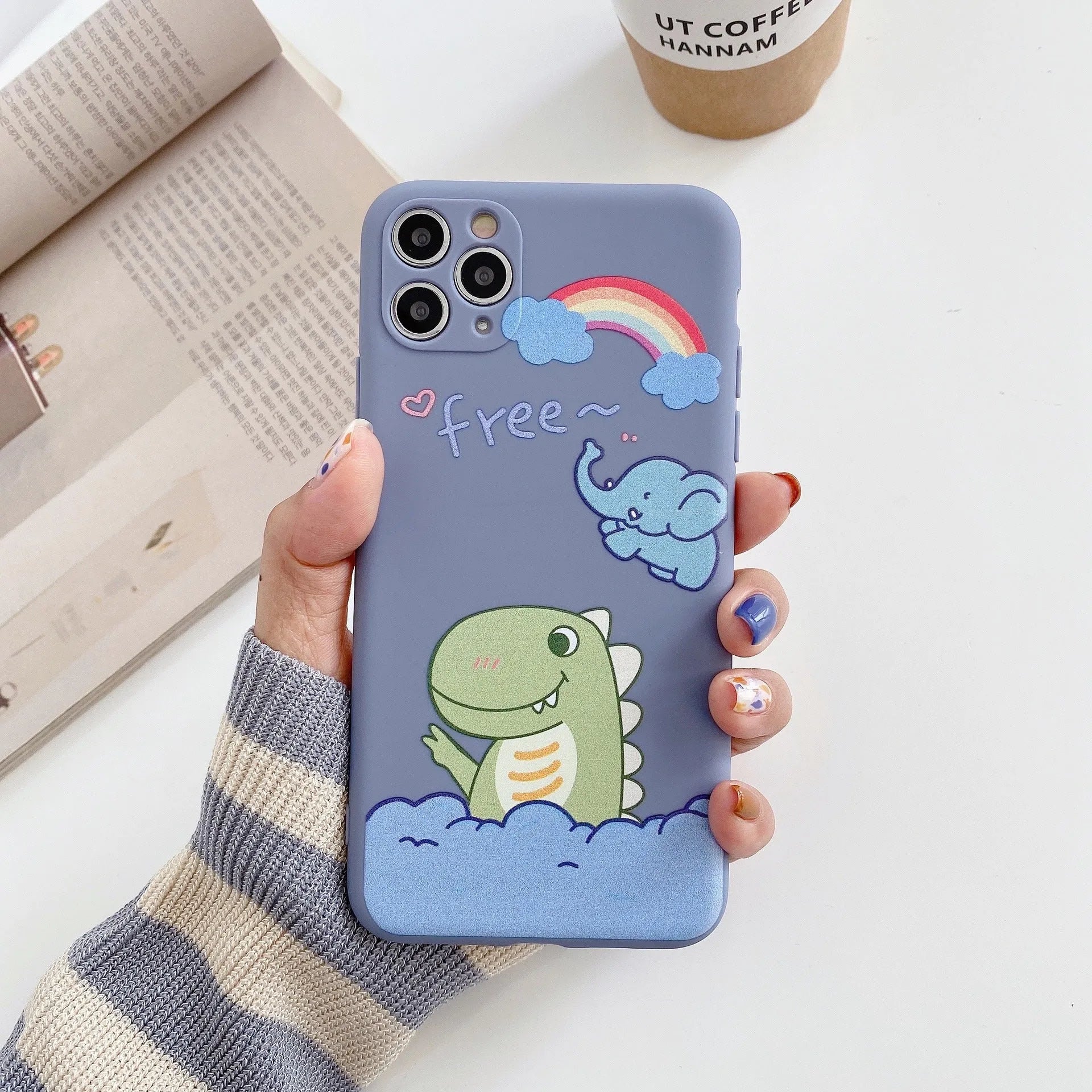 Blue cartoon soft shell iPhone case with dinosaur print design on frosted TPU silicone material