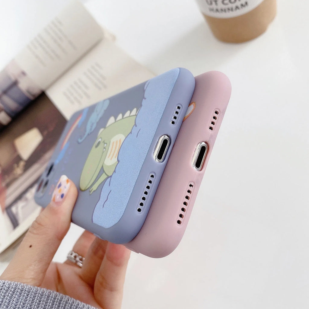 Blue cartoon soft shell iPhone case with dinosaur print design on frosted TPU silicone material