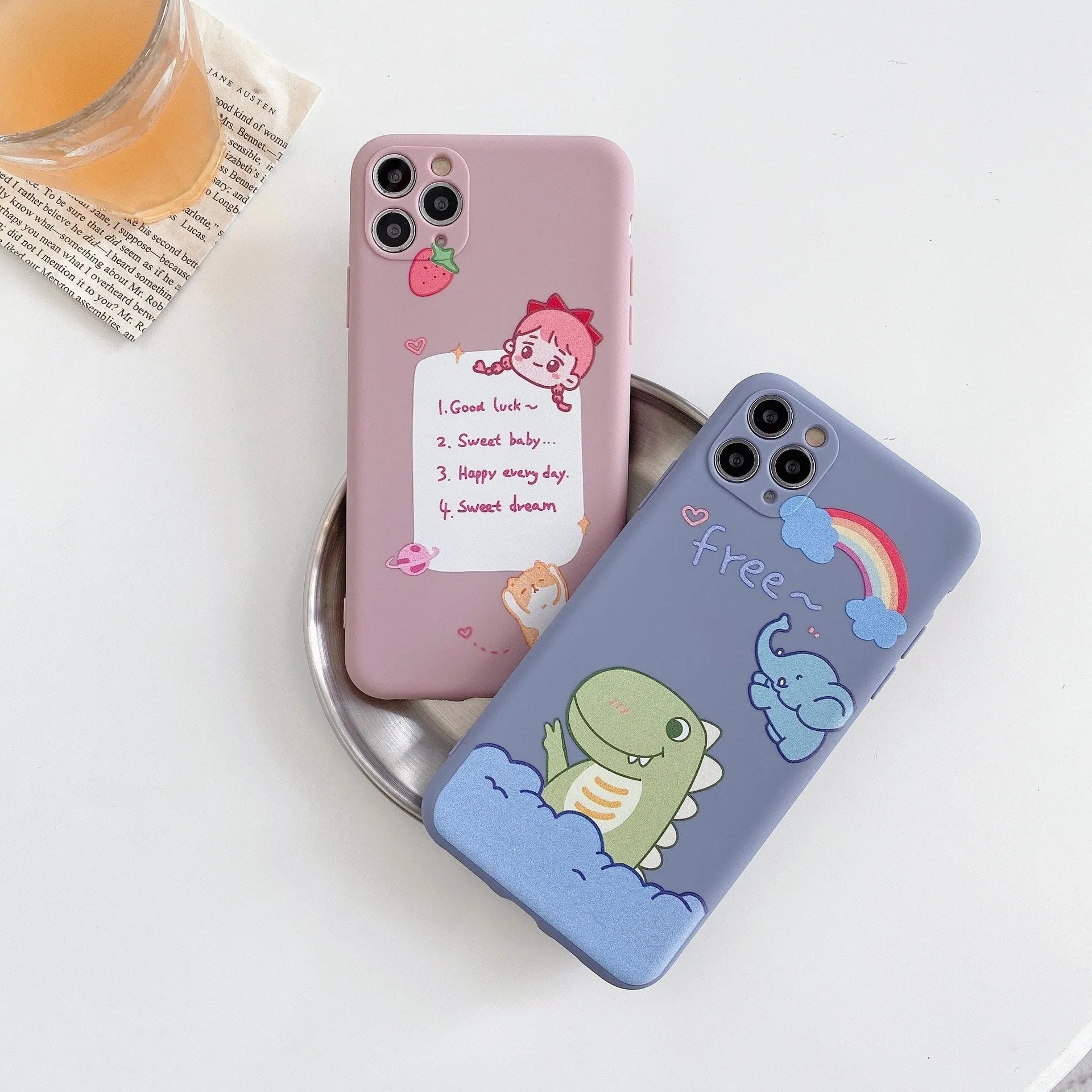 Blue cartoon soft shell iPhone case with dinosaur print design on frosted TPU silicone material