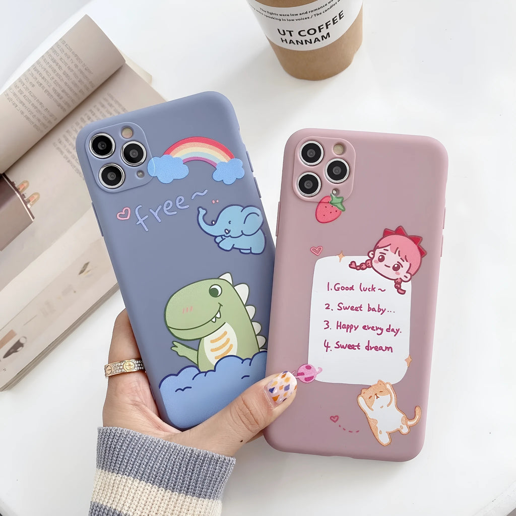 Blue cartoon soft shell iPhone case with dinosaur print design on frosted TPU silicone material