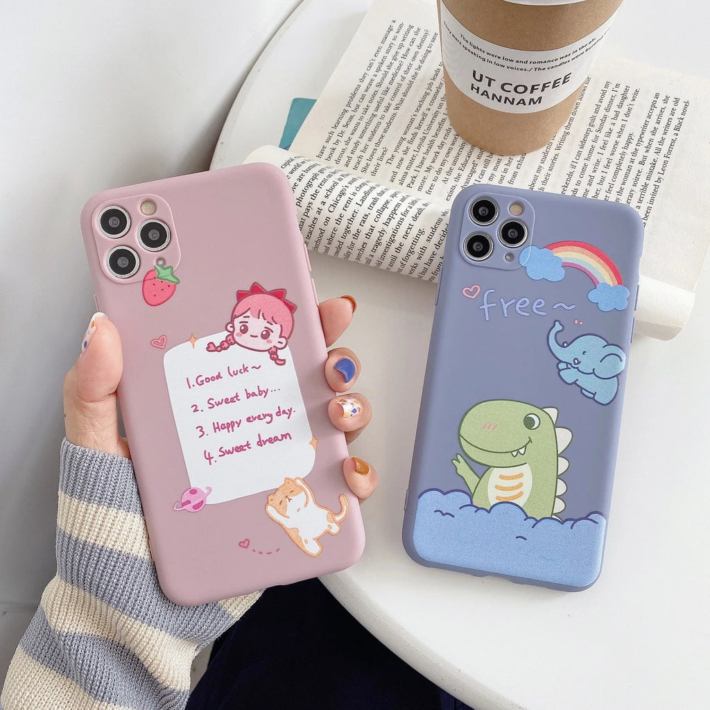 Blue cartoon soft shell iPhone case with dinosaur print design on frosted TPU silicone material