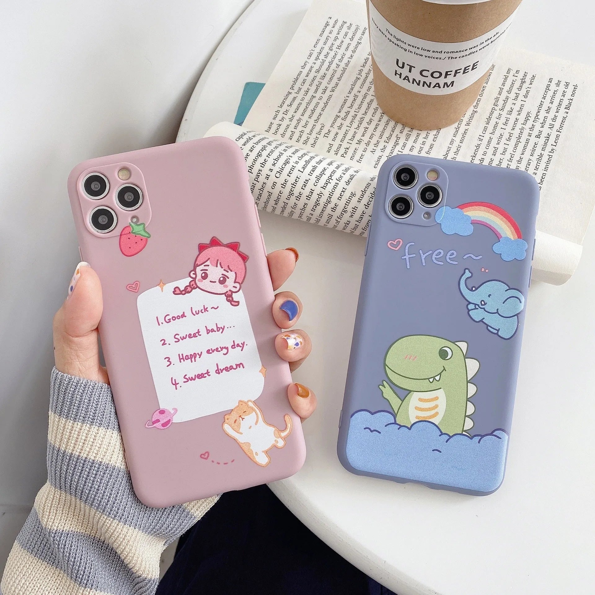 Blue cartoon soft shell iPhone case with dinosaur print design on frosted TPU silicone material