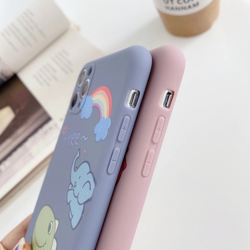 Blue cartoon soft shell iPhone case with dinosaur print design on frosted TPU silicone material