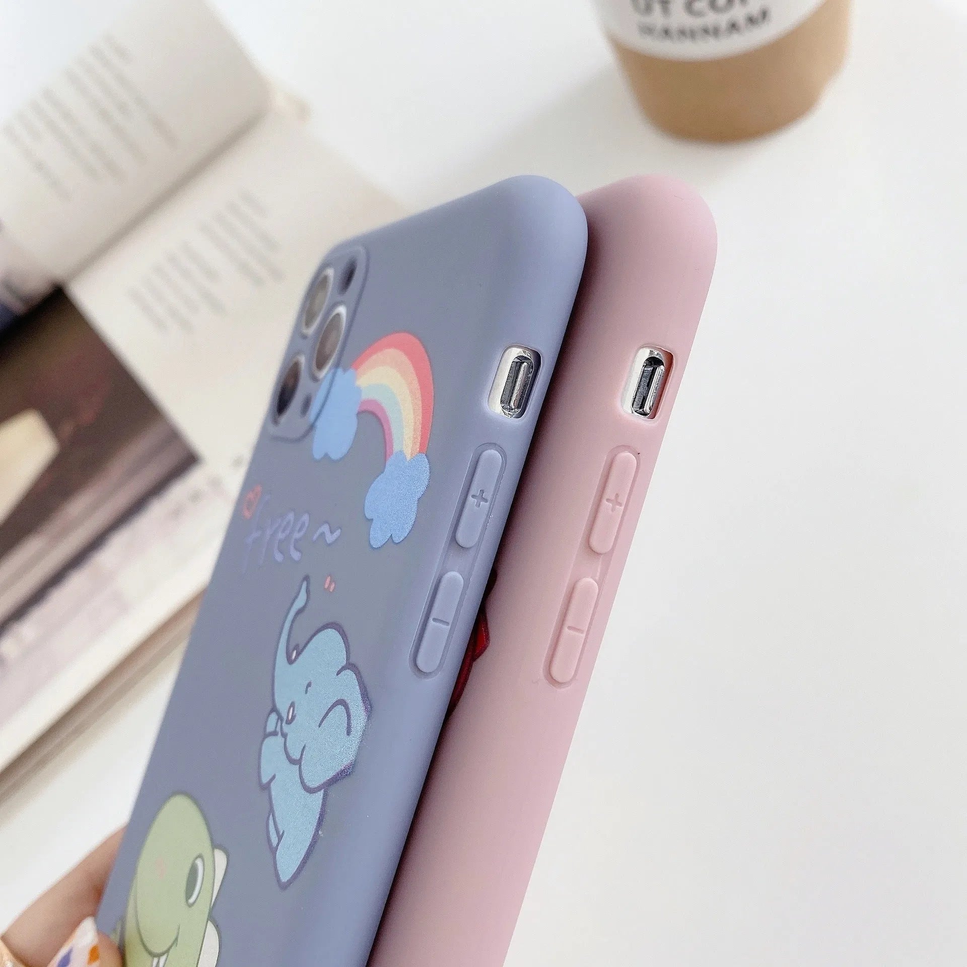 Blue cartoon soft shell iPhone case with dinosaur print design on frosted TPU silicone material
