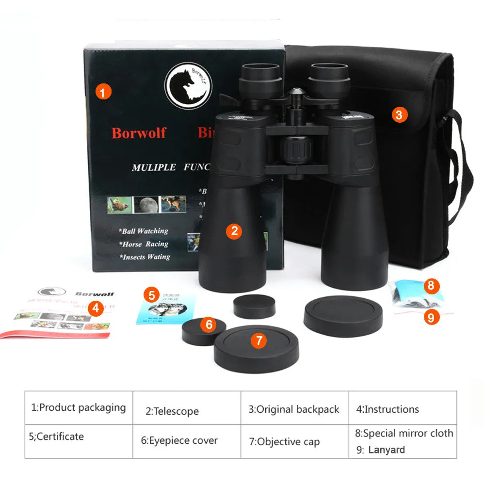 Black high-definition binocular telescope with 10-60x zoom and 60mm objective lens low light night vision