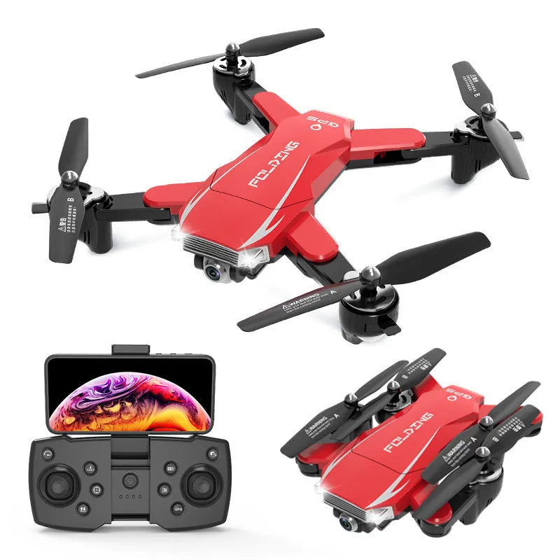Black and red folding quadcopter drone with 4K camera and remote control handle on a table.