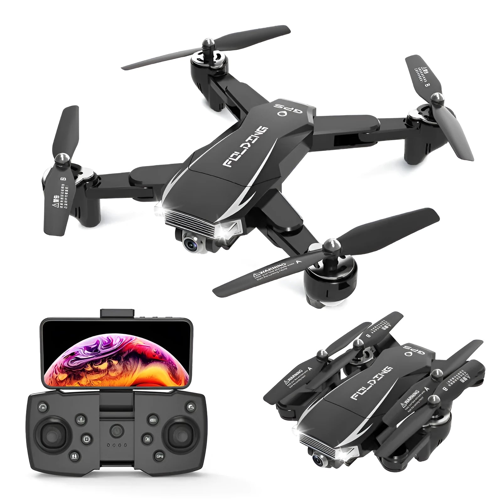 Black and red folding quadcopter drone with 4K camera and remote control handle on a table.