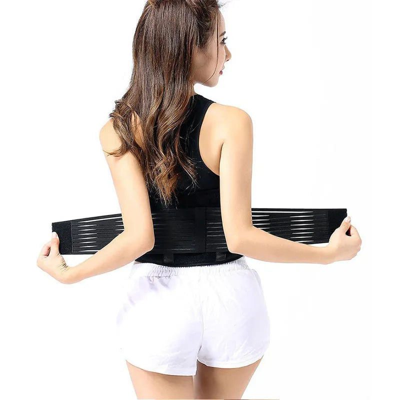 Beige self-heating lumbar support belt with magnetic therapy, shown fastened around a waist.