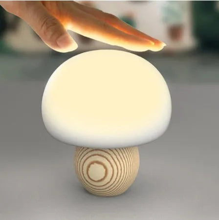 Silicone LED night lamp mushroom shape with wooden base touch switch warm light for children