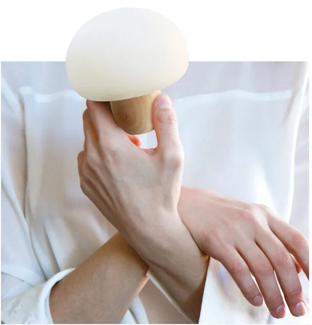 Silicone LED night lamp mushroom shape with wooden base touch switch warm light for children