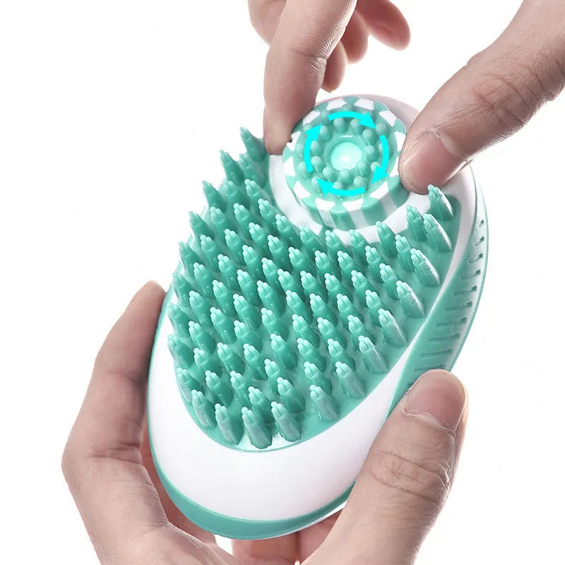 Pet bath brush with soft silicone bristles and ergonomic handle in blue